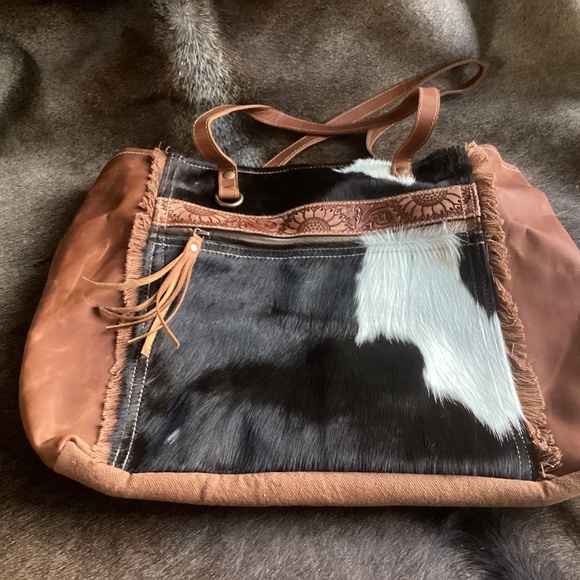 Myra Bag Big Hair Hide Tooled Leather Canvas Tote Handbag - Picture 9 of 11